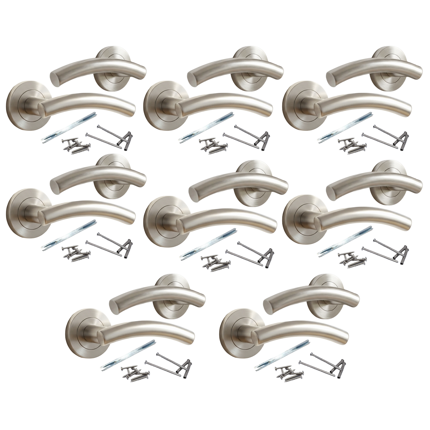 Multipack Arched Lever Door Handles on Round Rose - Satin 134mm - 10mm