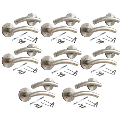 Multipack Arched Lever Door Handles on Round Rose - Satin 134mm - 10mm