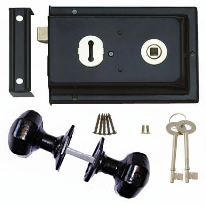 Black 6″ × 4″ Rim Lock and Cast Iron Knob Handle Set Garden Shed Rim Deadbolt