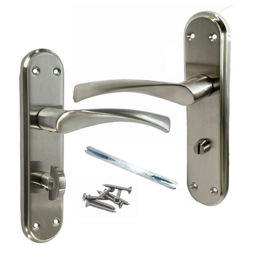 Genova Door Handles Satin Twist Lever Bathroom Lock on Modern Marina Backplate
