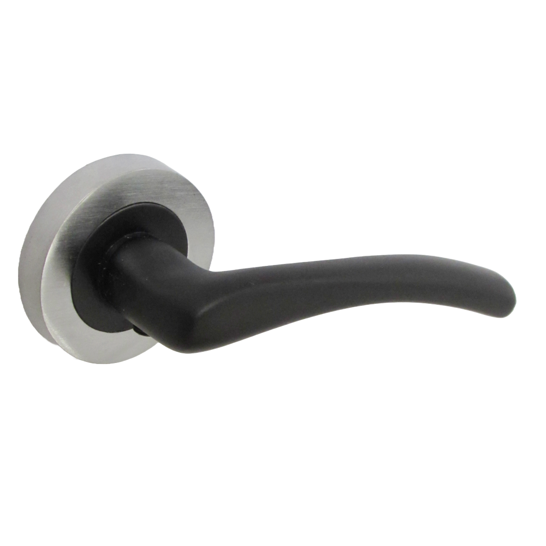 Zena Door Handle Modern Matt Black Lever on Satin Chrome Rose Internal Latch Handles