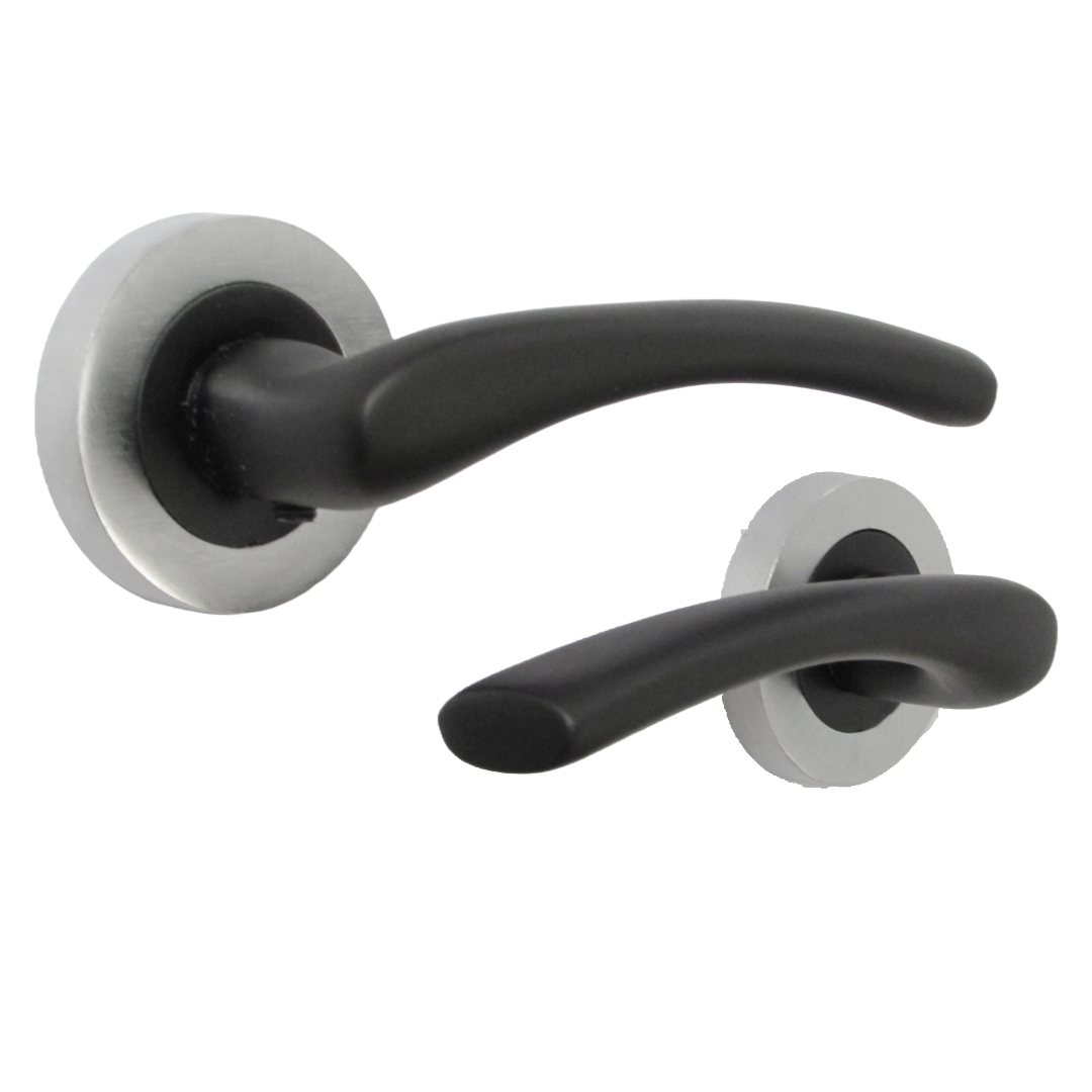 Zena Door Handle Modern Matt Black Lever on Satin Chrome Rose Internal Latch Handles