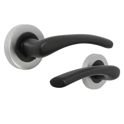 Zena Door Handle Modern Matt Black Lever on Satin Chrome Rose Internal Latch Handles