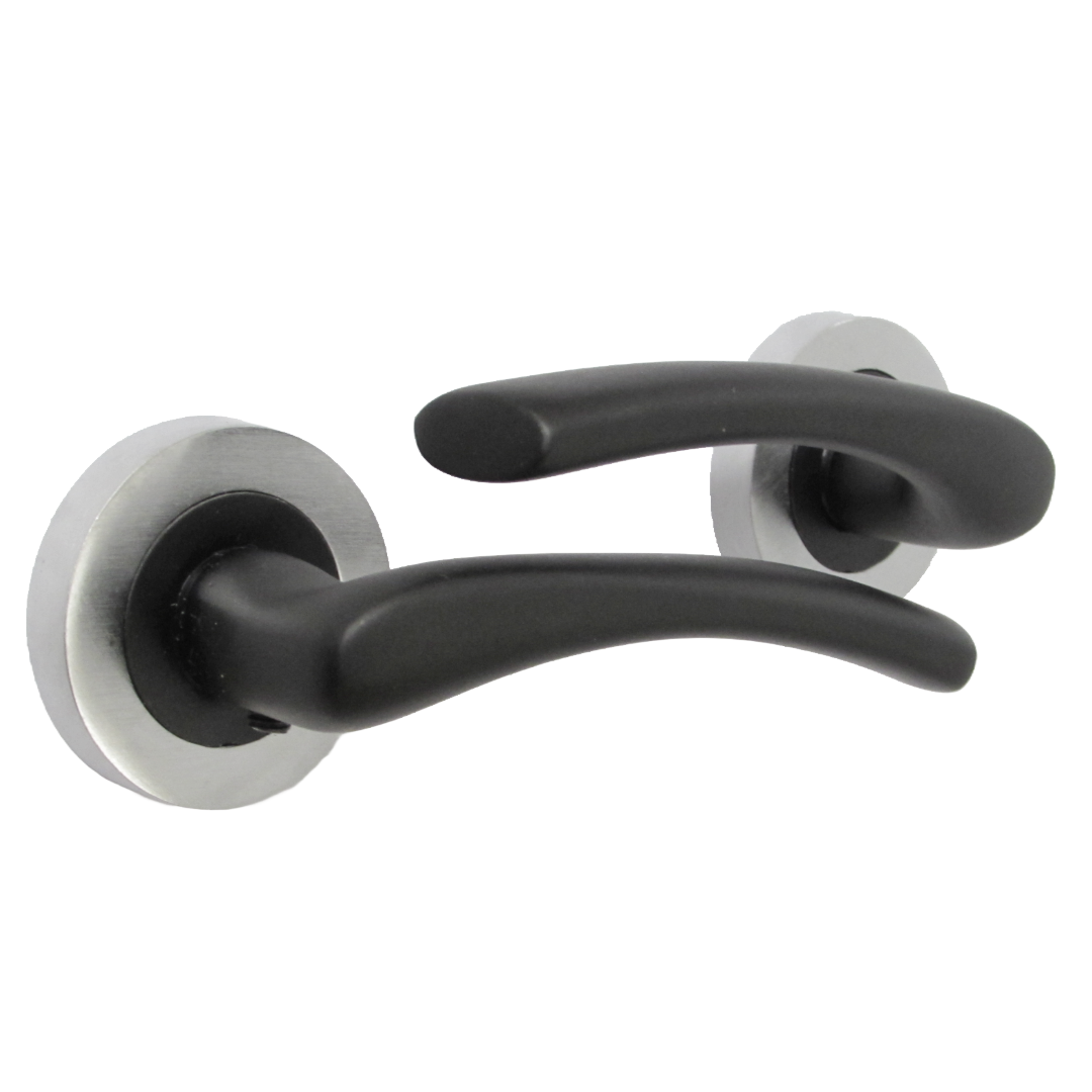 Zena Door Handle Modern Matt Black Lever on Satin Chrome Rose Internal Latch Handles