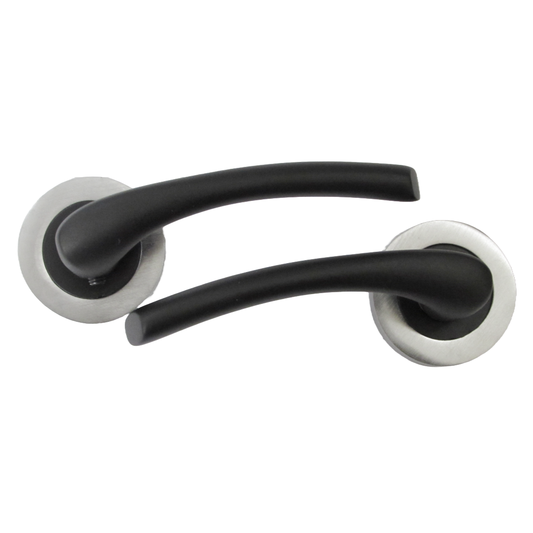 Zena Door Handle Modern Matt Black Lever on Satin Chrome Rose Internal Latch Handles