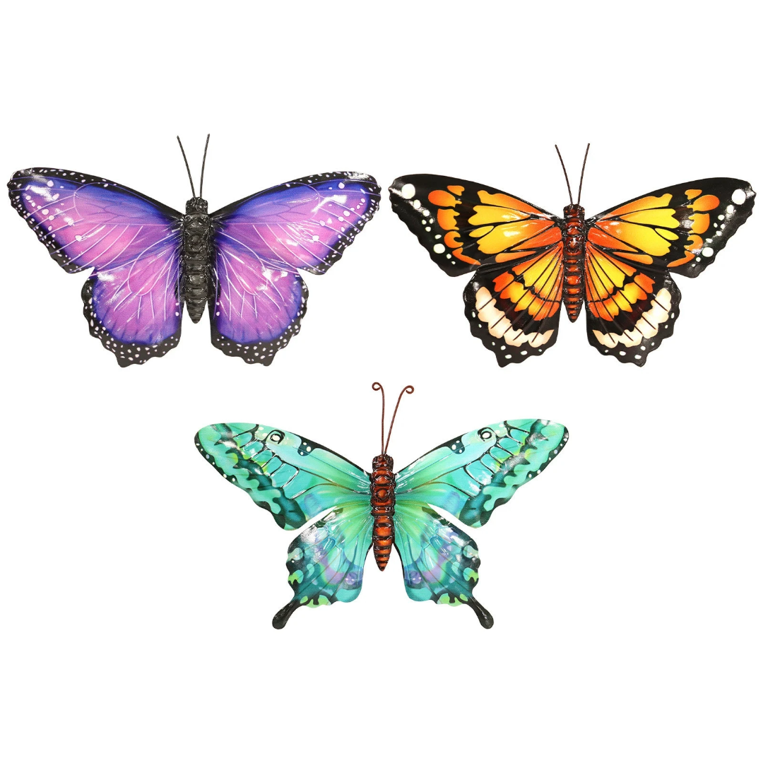 Set of 3 Metal Butterfly Wall Art - Purple Turquoise Orange Butterflies
