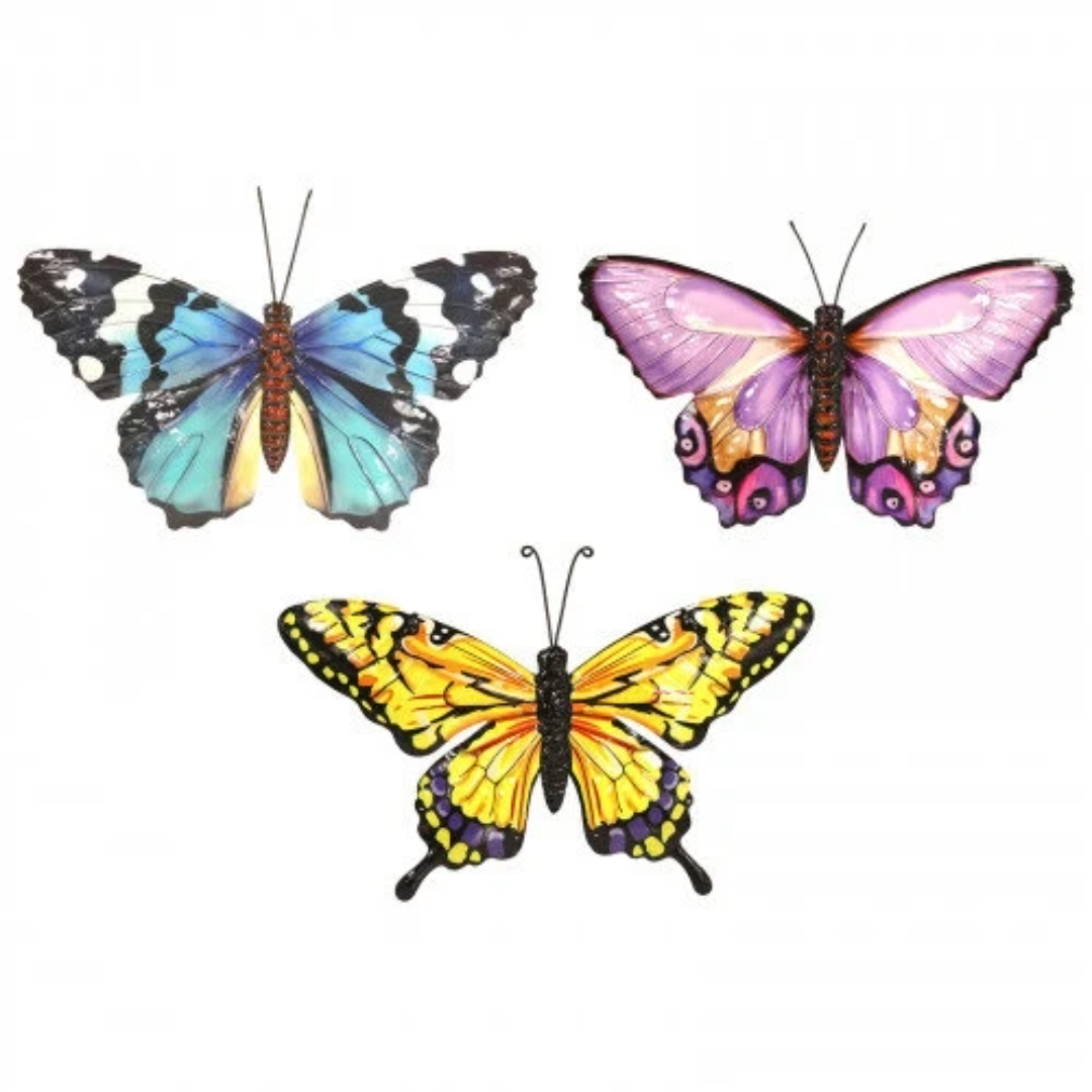 Set of 3 Metal Butterfly Wall Art - Pink Yellow Blue Butterflies