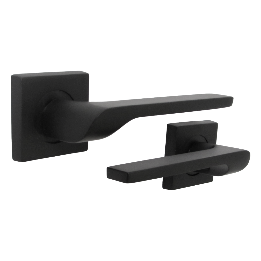 Poignée de porte UNO-2, levier noir mat sur rosace carrée, poignées intérieures + loquet et charnières de 64 mm