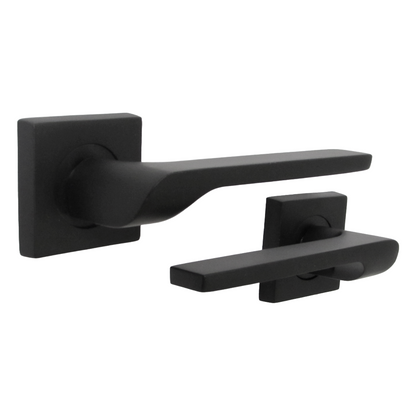 Poignée de porte UNO-2, levier noir mat sur rosace carrée, poignées intérieures + loquet et charnières de 64 mm