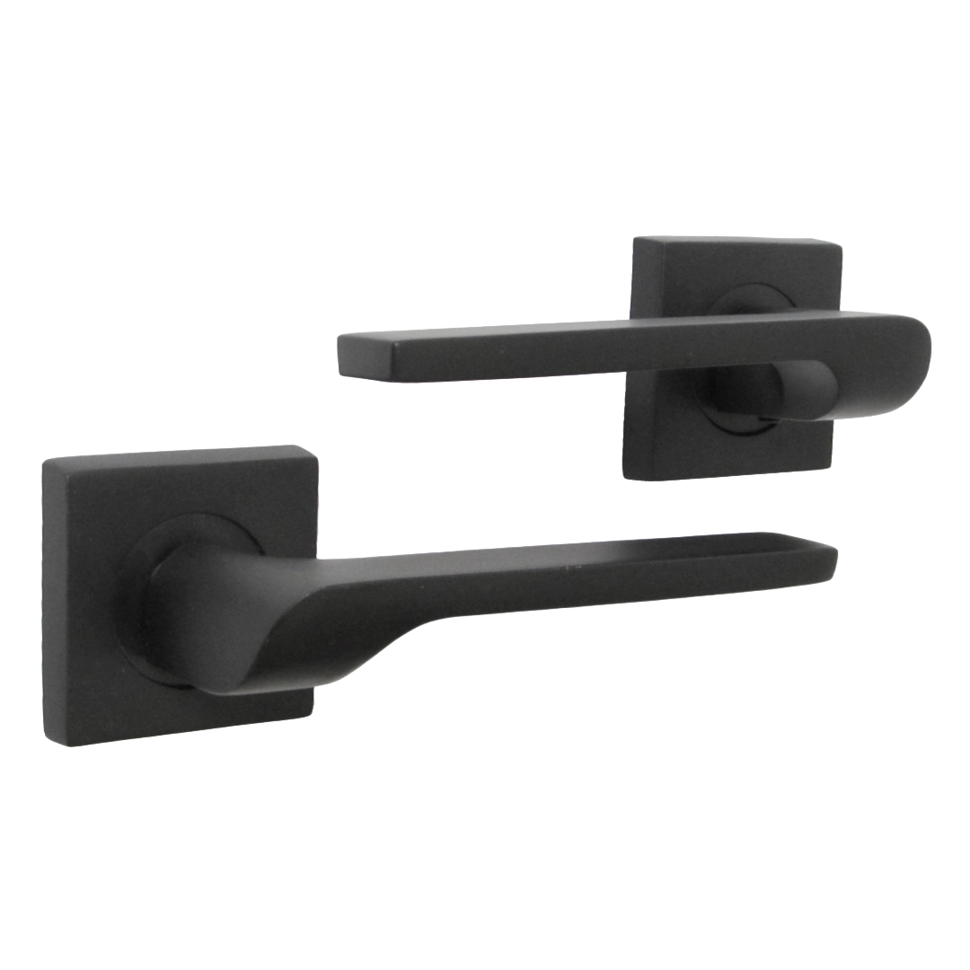 Poignée de porte UNO-2, levier noir mat sur rosace carrée, poignées intérieures + loquet et charnières de 64 mm