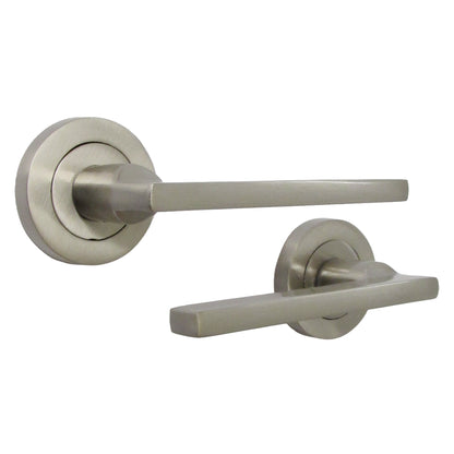 Marketplace JPG companion for UNO Door Handle Lock Key Set Modern Satin Nickel Lever on Rose, Escutcheon Pack with 3" Hinges