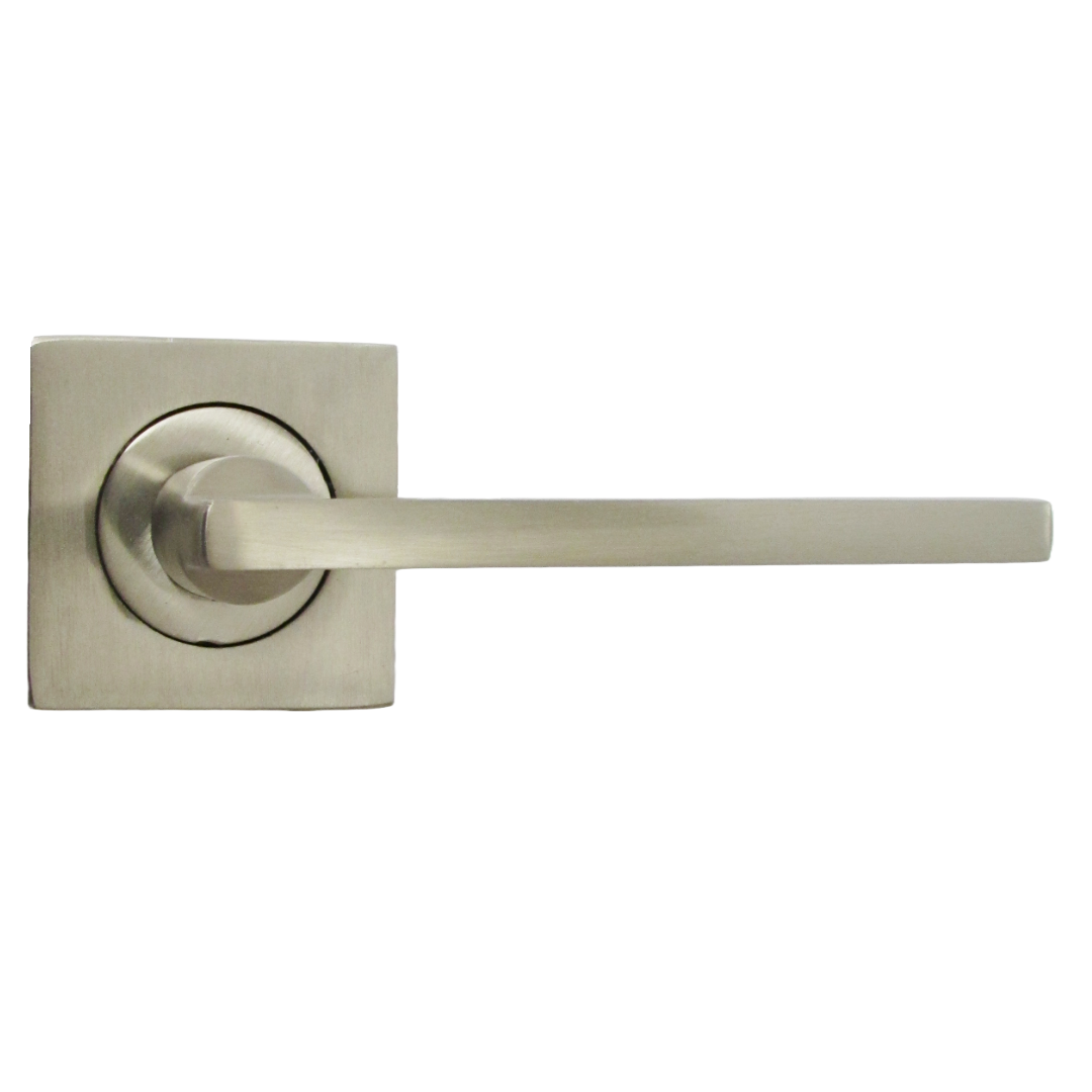 Poignée de porte UNO en nickel satiné, levier moderne sur rosace carrée, poignées à loquet internes