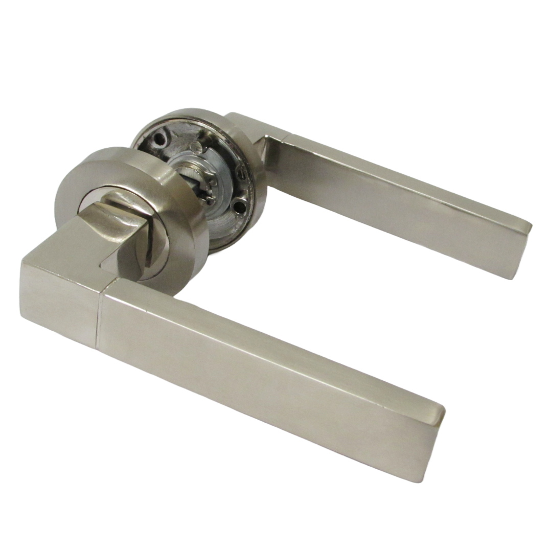 Cafri Line Door Handle Lock Key Set Modern Satin Nickel Lever on Rose Internal Escutcheon Pack