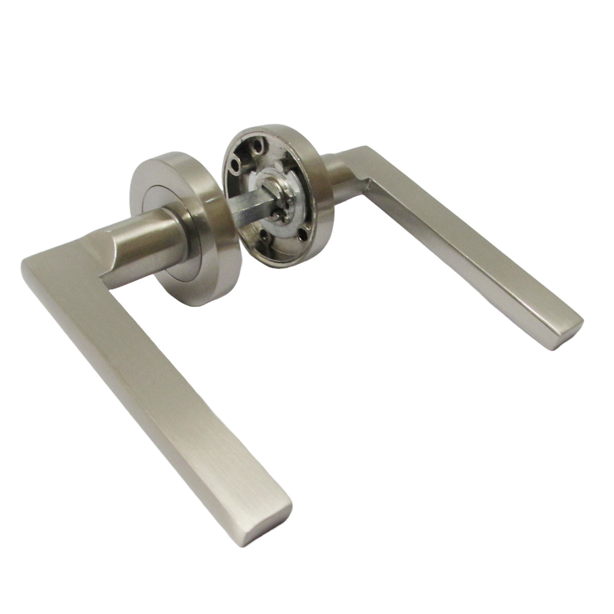 Marketplace JPG companion for UNO Door Handle Lock Key Set Modern Satin Nickel Lever on Rose, Escutcheon Pack with 3" Hinges