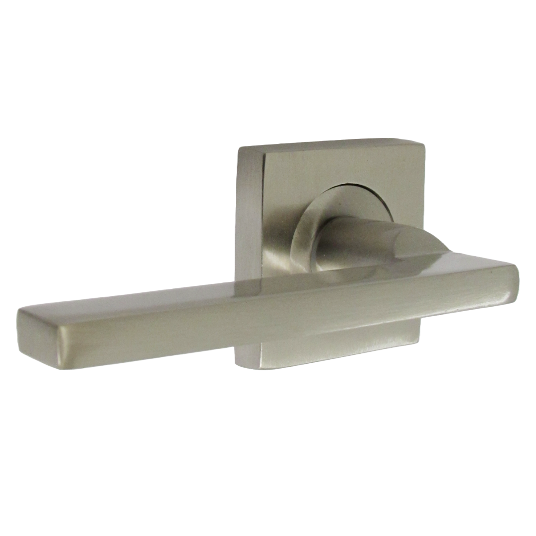 Poignée de porte UNO en nickel satiné, levier moderne sur rosace carrée, poignées à loquet internes