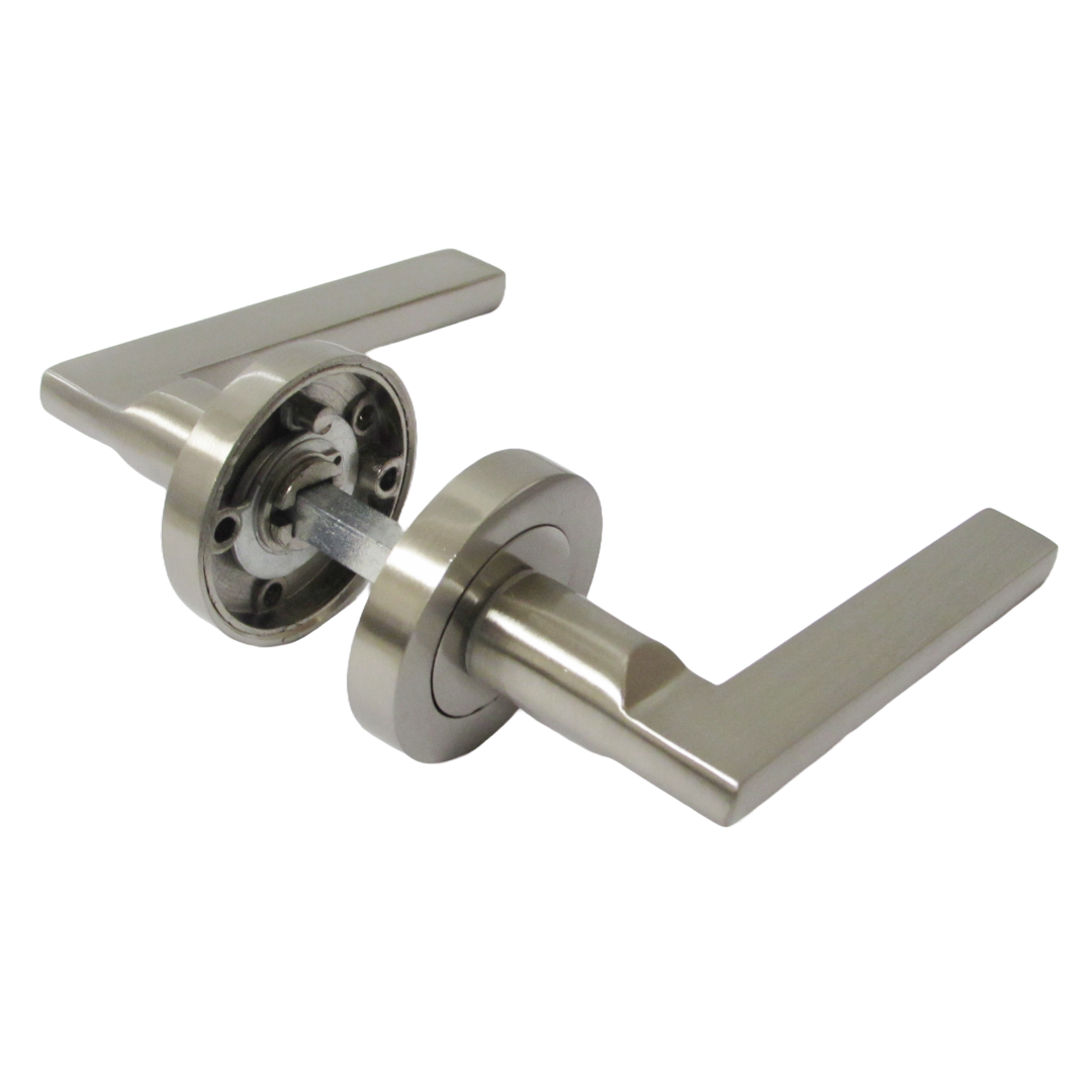 Poignée de porte UNO moderne en nickel satiné avec rosace et loquet intérieur
