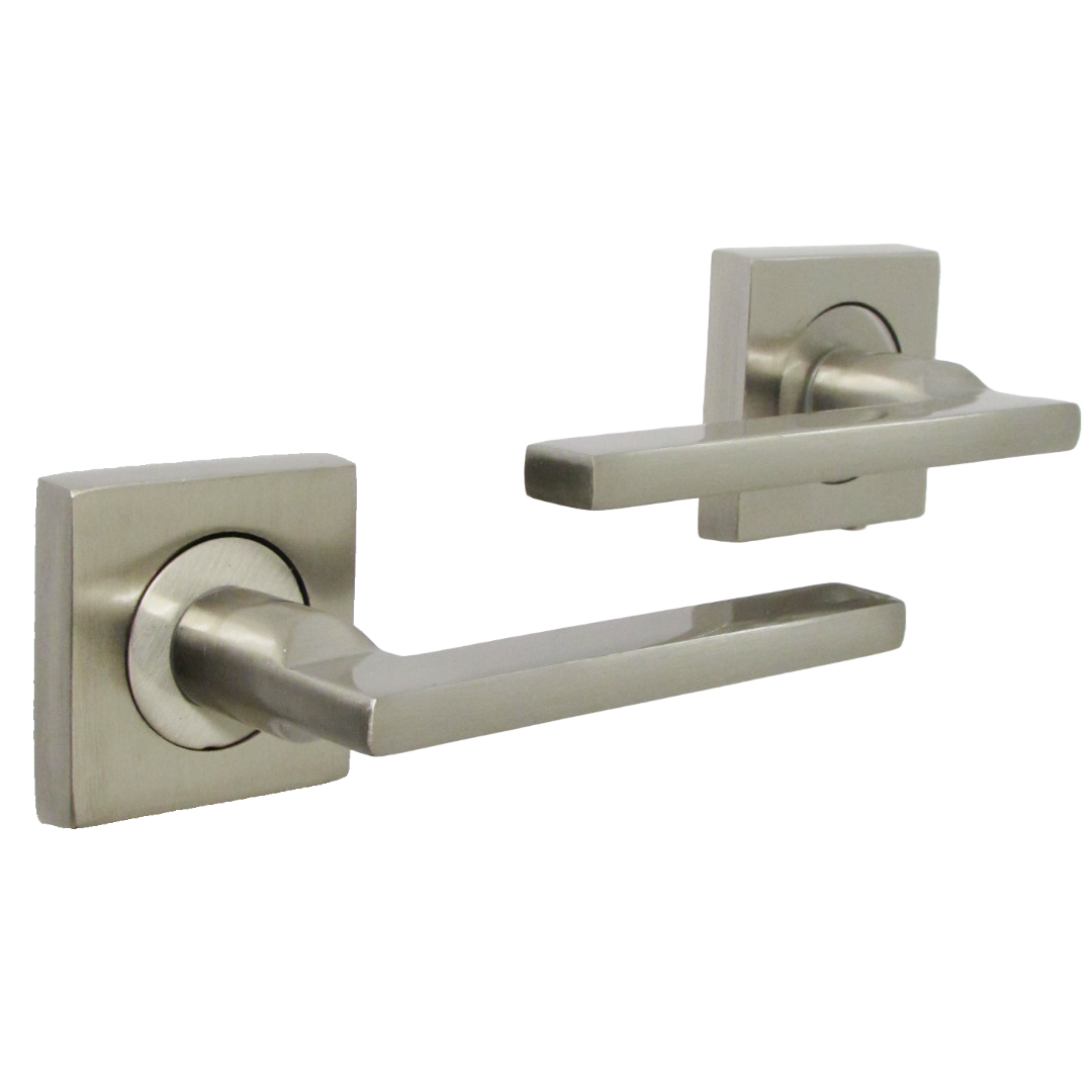 Poignée de porte UNO en nickel satiné, levier moderne sur rosace carrée, poignées intérieures + loquet et charnières de 64 mm