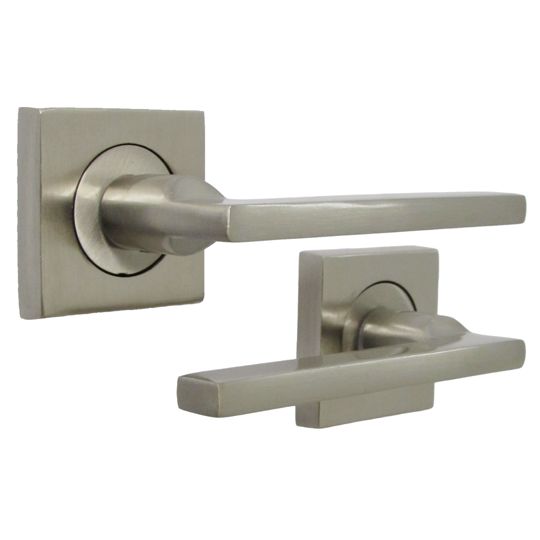 Poignée de porte UNO en nickel satiné, levier moderne sur rosace carrée, poignées à loquet internes