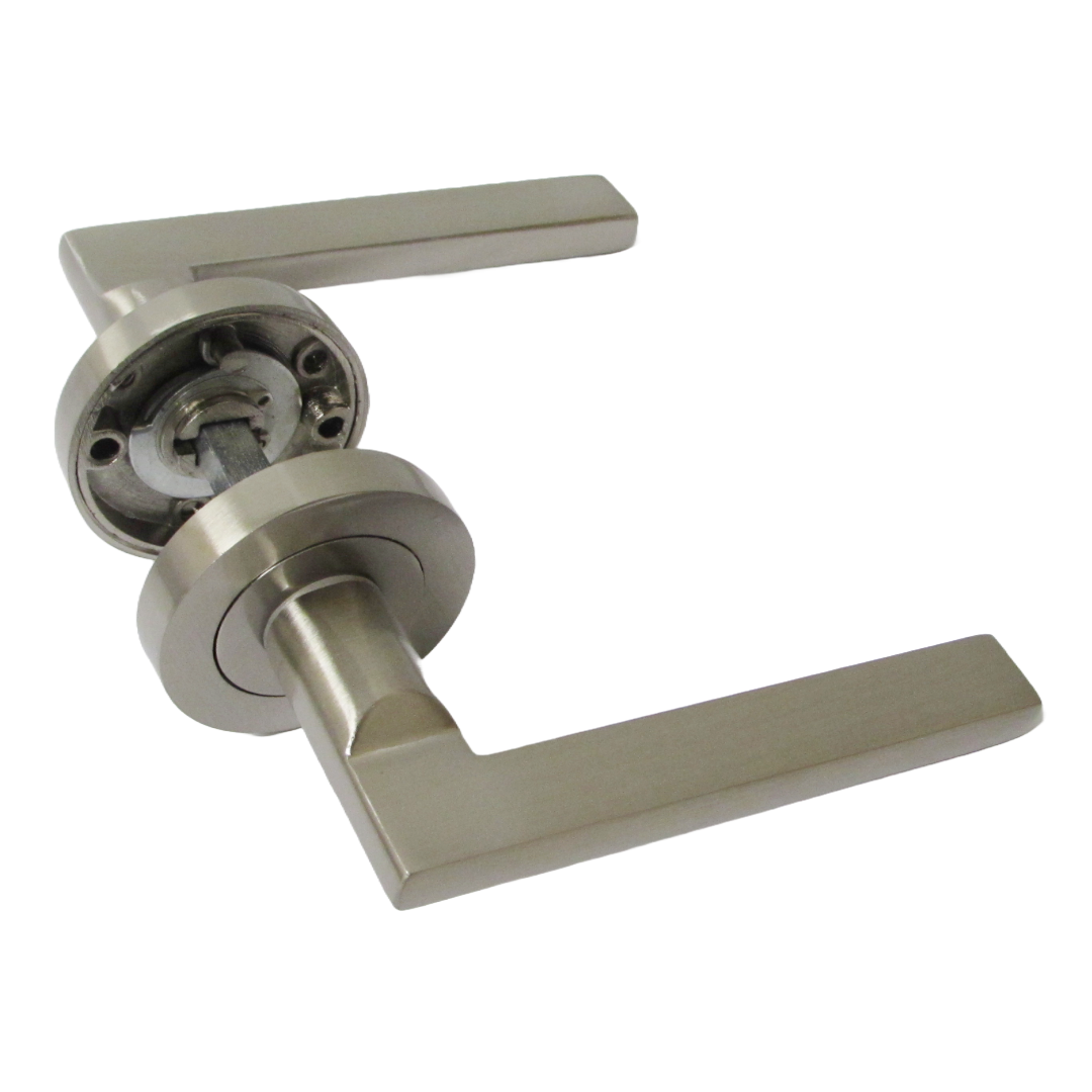 Ensemble de poignées de porte de salle de bain UNO, levier moderne en nickel satiné sur rosace, paquet de boutons-poussoirs internes