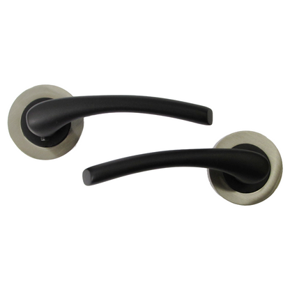 Zena Door Handle Lock Key Set Modern Matt Black Lever on Satin Rose Internal Escutcheon