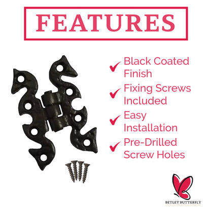 Marketplace JPG companion for Antique Black Cabinet Butterfly Hinges 70mm X 45mm, Cast Iron Snake Cupboard Hinges with Fixings