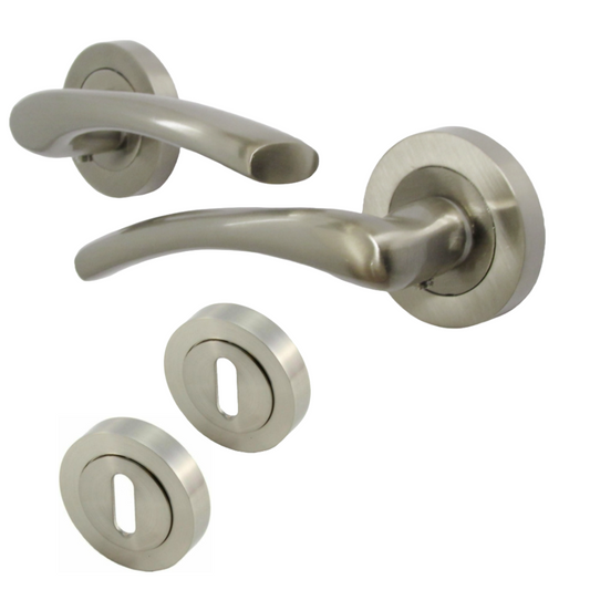 Zena Door Handle Escutcheon Lock Key Set Modern Satin Nickel Lever on Rose Internal