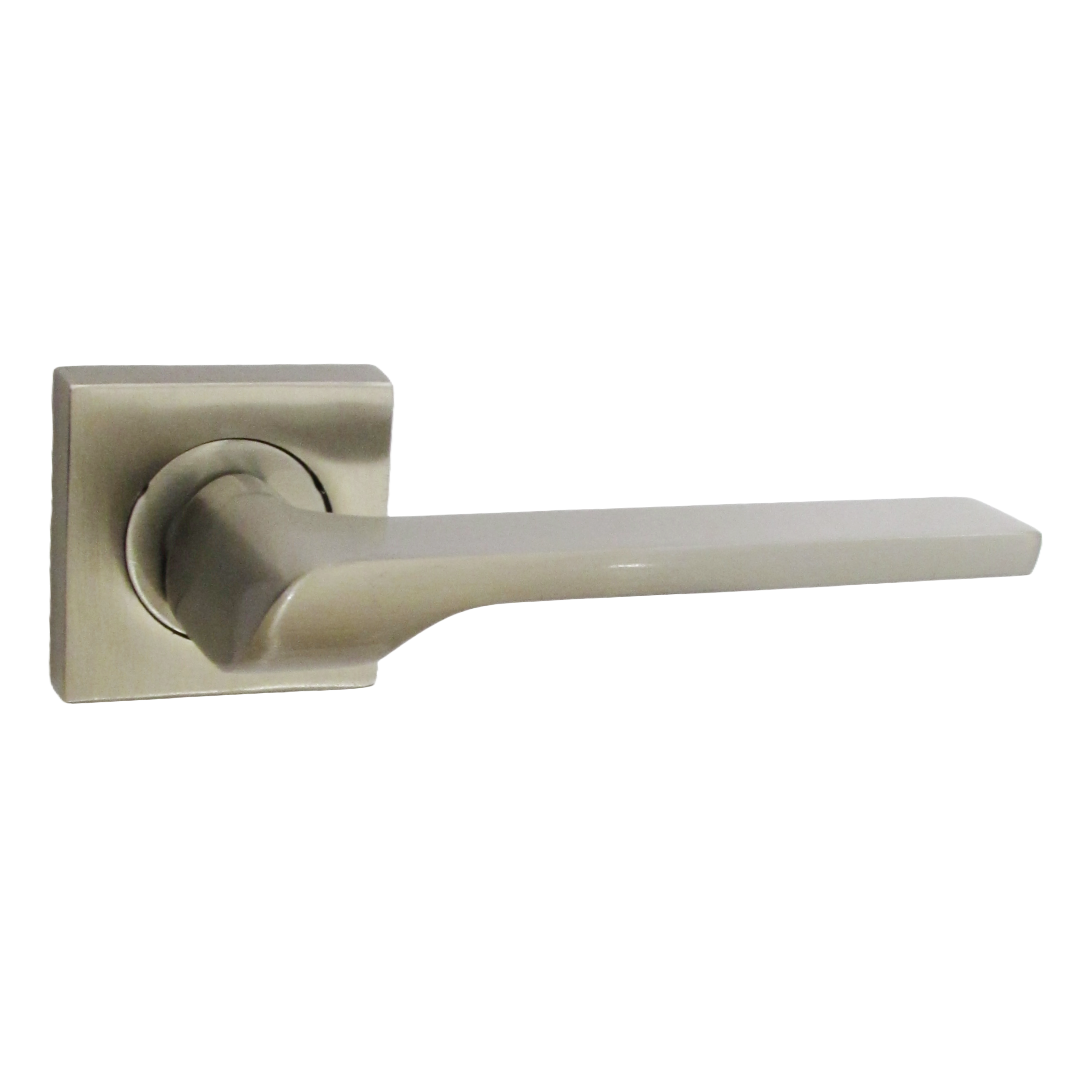 Poignée de porte UNO-2 en nickel satiné avec levier sur rosace carrée, poignées intérieures + loquet et charnières de 64 mm
