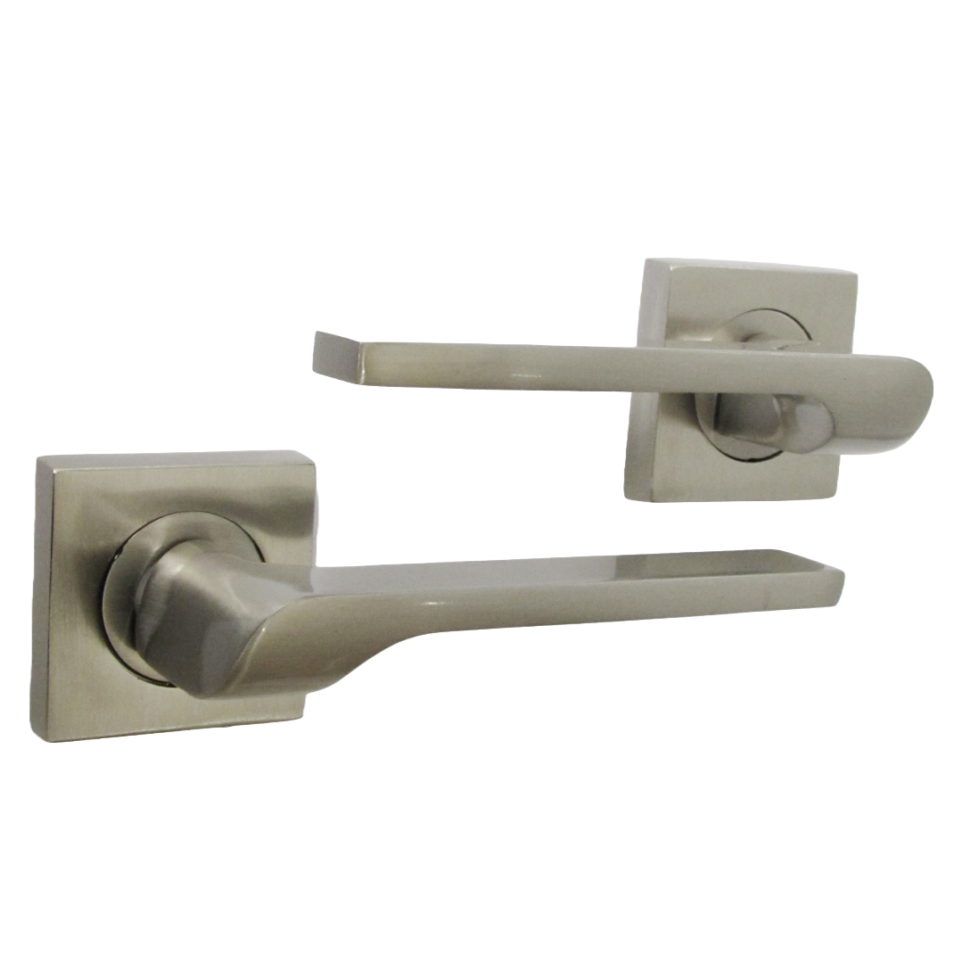 Poignée de porte UNO-2 en nickel satiné avec levier sur rosace carrée, poignées intérieures + loquet et charnières de 64 mm
