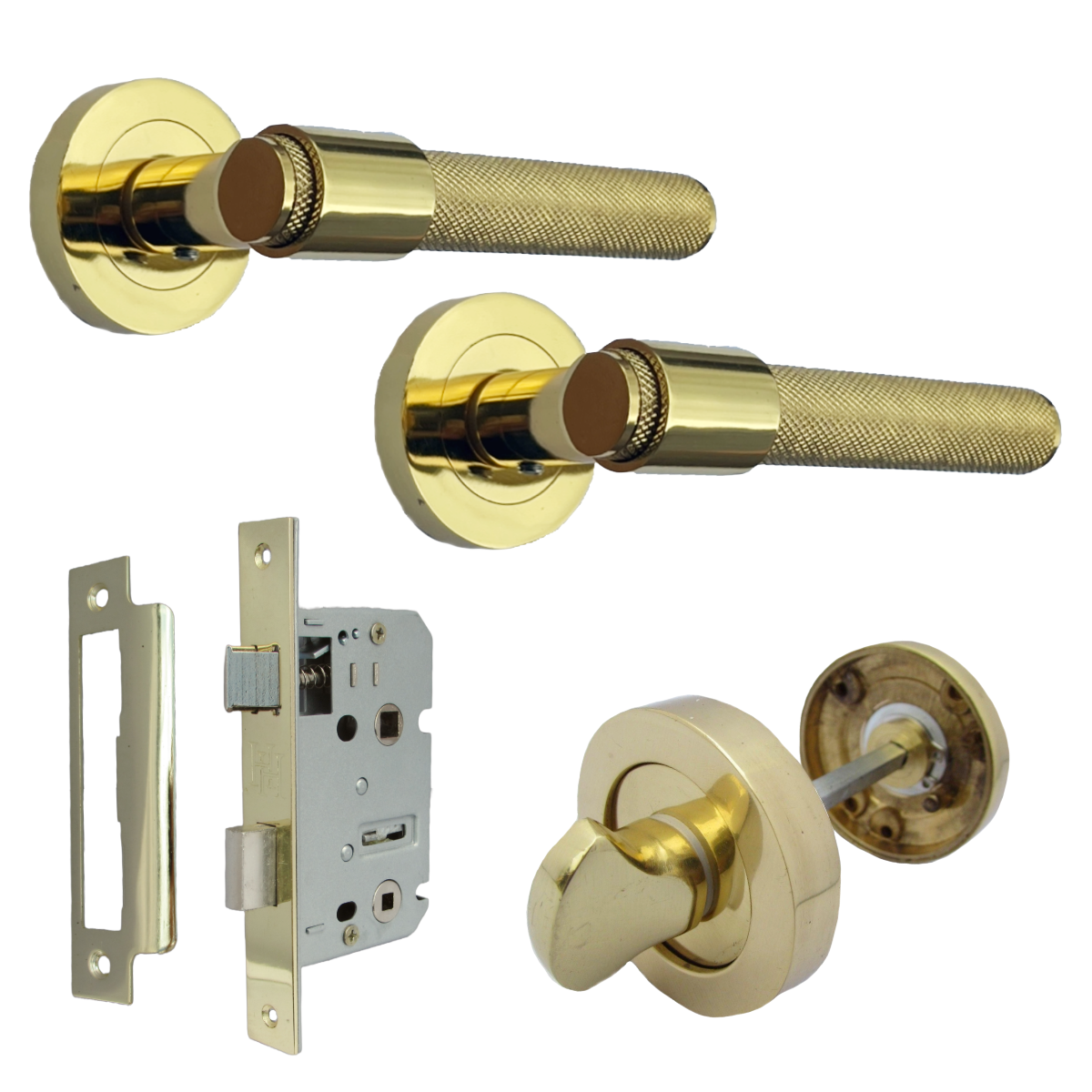 Knurled Door Handles Polished Brass Loop & Neck Lever on Rose Bathroom Set