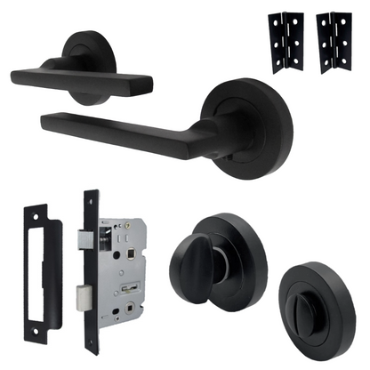 Ensemble de poignées de porte de salle de bain UNO, levier moderne noir mat sur rosace, ensemble de boutons-poussoirs internes