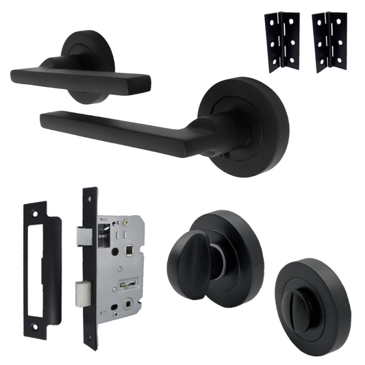 UNO Door Handle Bathroom Set Modern Matt Black Lever on Rose Internal Thumbturn Set