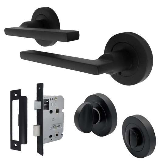UNO Door Handle Bathroom Set Modern Matt Black Lever on Rose Internal Thumbturn