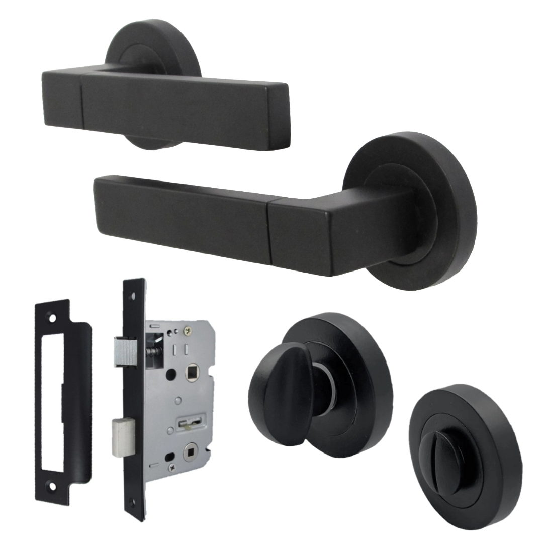 Cafri Line Door Handle Bathroom Set Rectangular Matt Black Lever Rose Internal Thumbturn