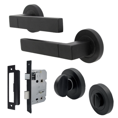 Cafri Line Door Handle Bathroom Set Rectangular Matt Black Lever Rose Internal Thumbturn