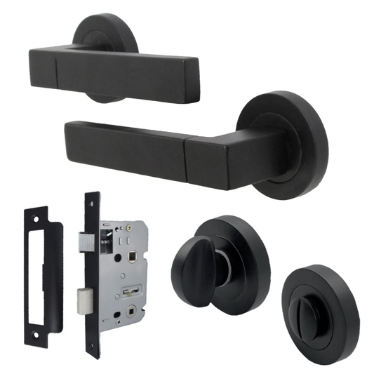 Cafri Line Door Handle Bathroom Set Rectangular Matt Black Lever Rose Internal Thumbturn