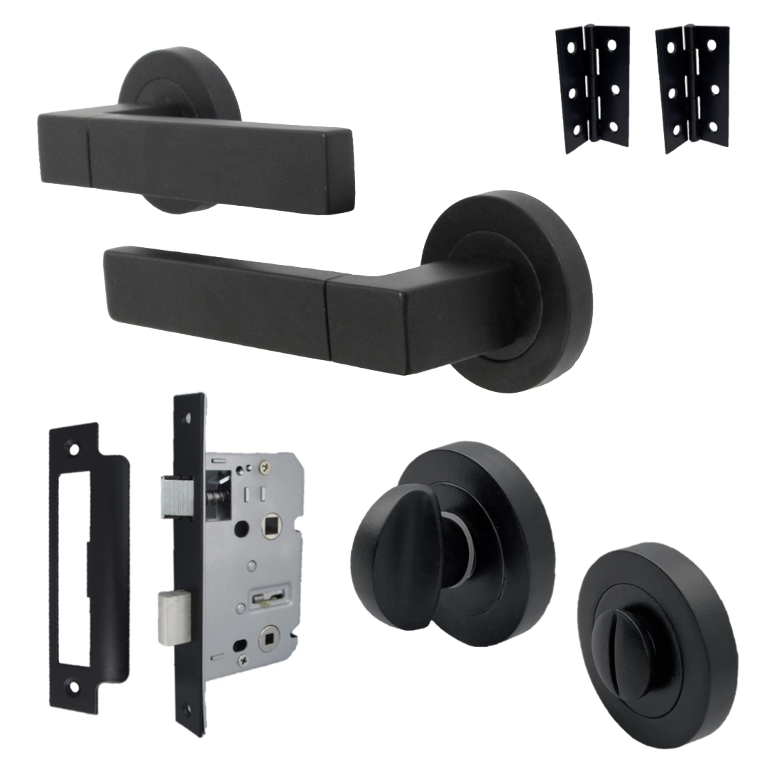 Cafri Line Door Handle Bathroom Set Rectangular Matt Black Lever on Rose Internal Thumbturn