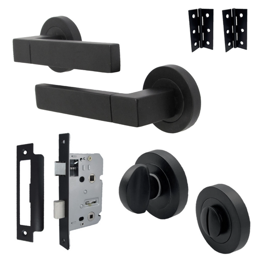 Cafri Line Door Handle Bathroom Set Rectangular Matt Black Lever on Rose Internal Thumbturn