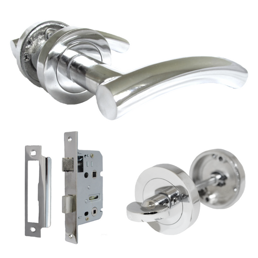 Arched Lever Door Handle on Rose CHROME Thumbturn Bathroom Lock