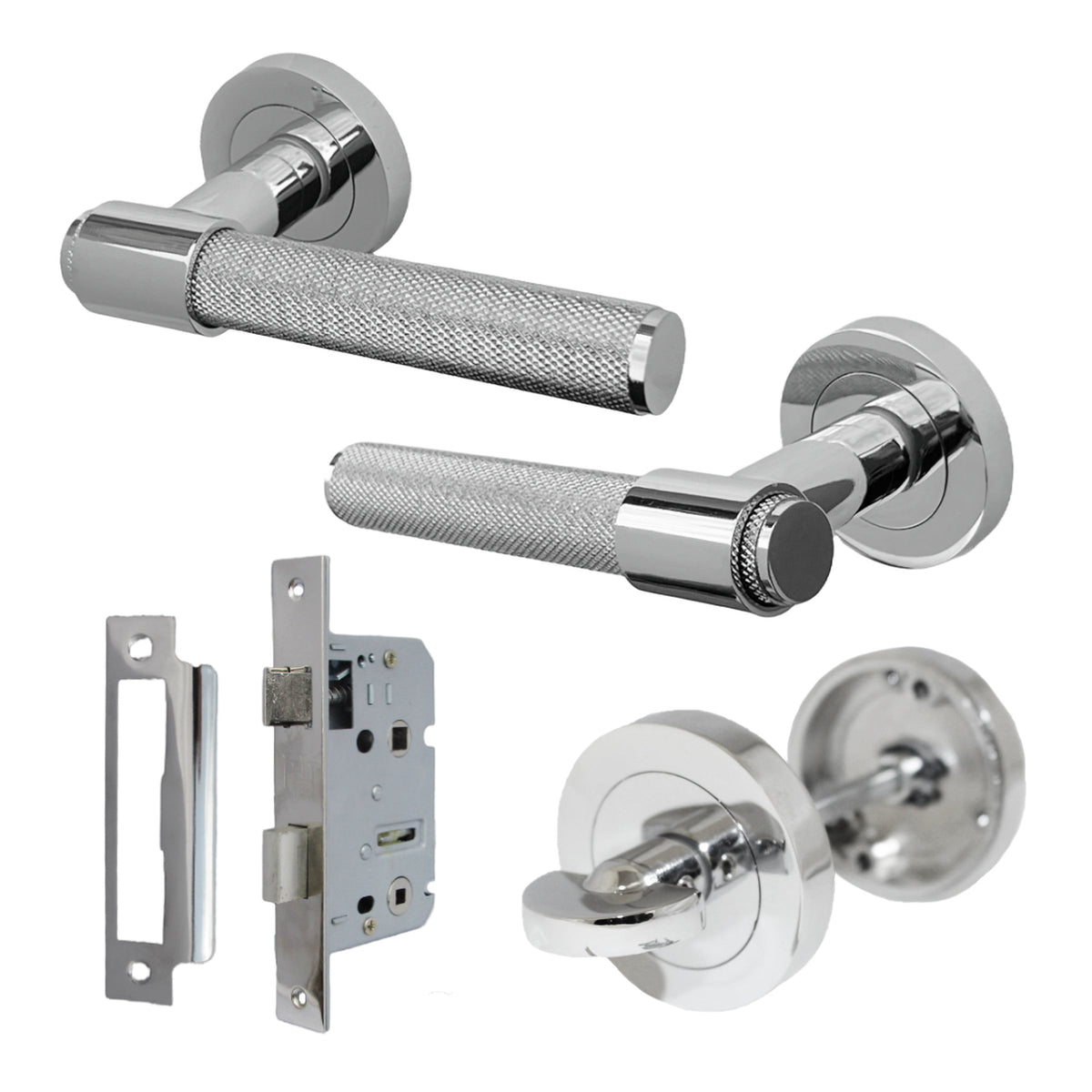 Marketplace JPG companion for Knurled Door Handles Chrome Loop & Neck Lever on Rose Bathroom Set