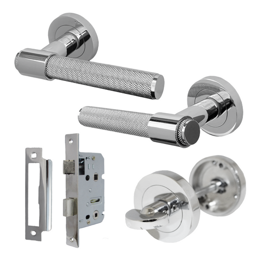 Knurled Door Handles Chrome Loop & Neck Lever on Rose Bathroom Set