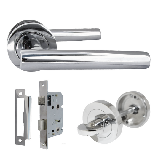 Door Handles T Bar Straight Lever on Rose Bathroom Thumb turn & Lock - Chrome
