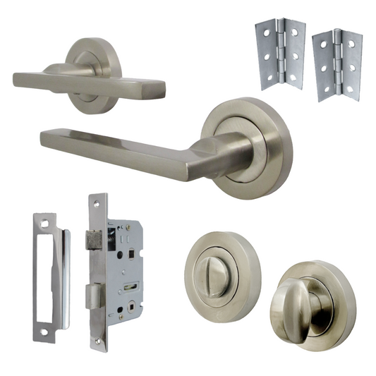 UNO Door Handle Bathroom Set Modern Satin Nickel Lever on Rose Internal Thumbturn Pack