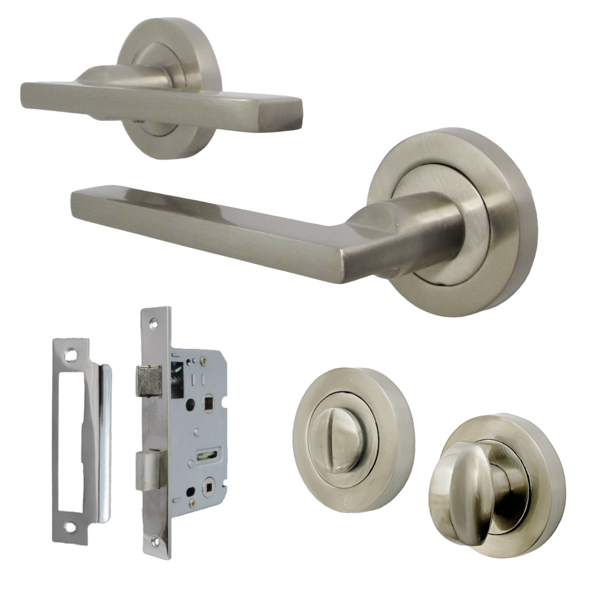 Ensemble de poignées de porte de salle de bain UNO, levier moderne en nickel satiné sur rosace, paquet de boutons-poussoirs internes