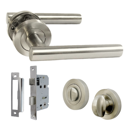 Door Handles T Bar Straight Lever on Rose Bathroom Thumb turn & Lock - Satin