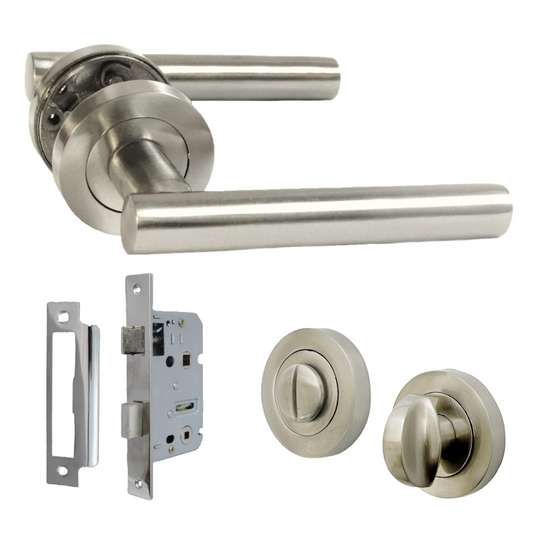 Door Handles T Bar Straight Lever on Rose Bathroom Thumb turn & Lock - Satin