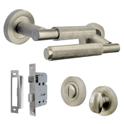Marketplace JPG companion for Knurled Turning Door Handles Satin Lever on Round Rose Bathroom Lock Set