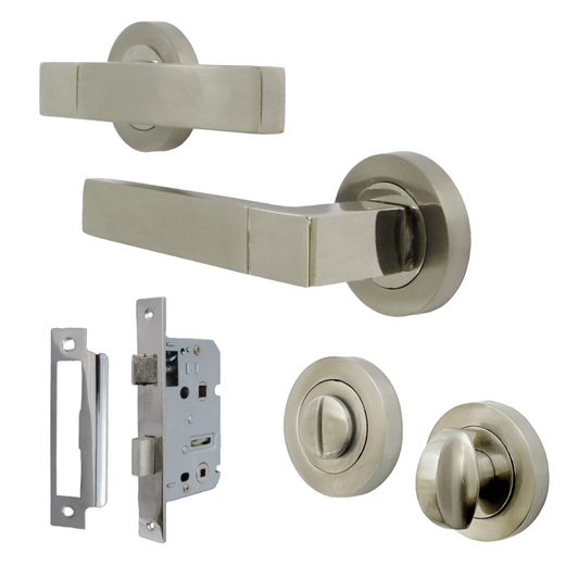 Cafri Line Door Handle Bathroom Set Satin Nickel Lever Rose Internal Thumbturn Pack