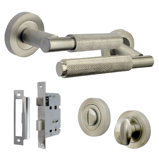Knurled Turning Door Handles Satin Lever on Round Rose Bathroom Lock Set