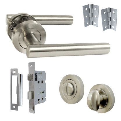 Door Handles T Bar Straight Lever on Rose Bath Thumb turn Lock & Hinges - Satin