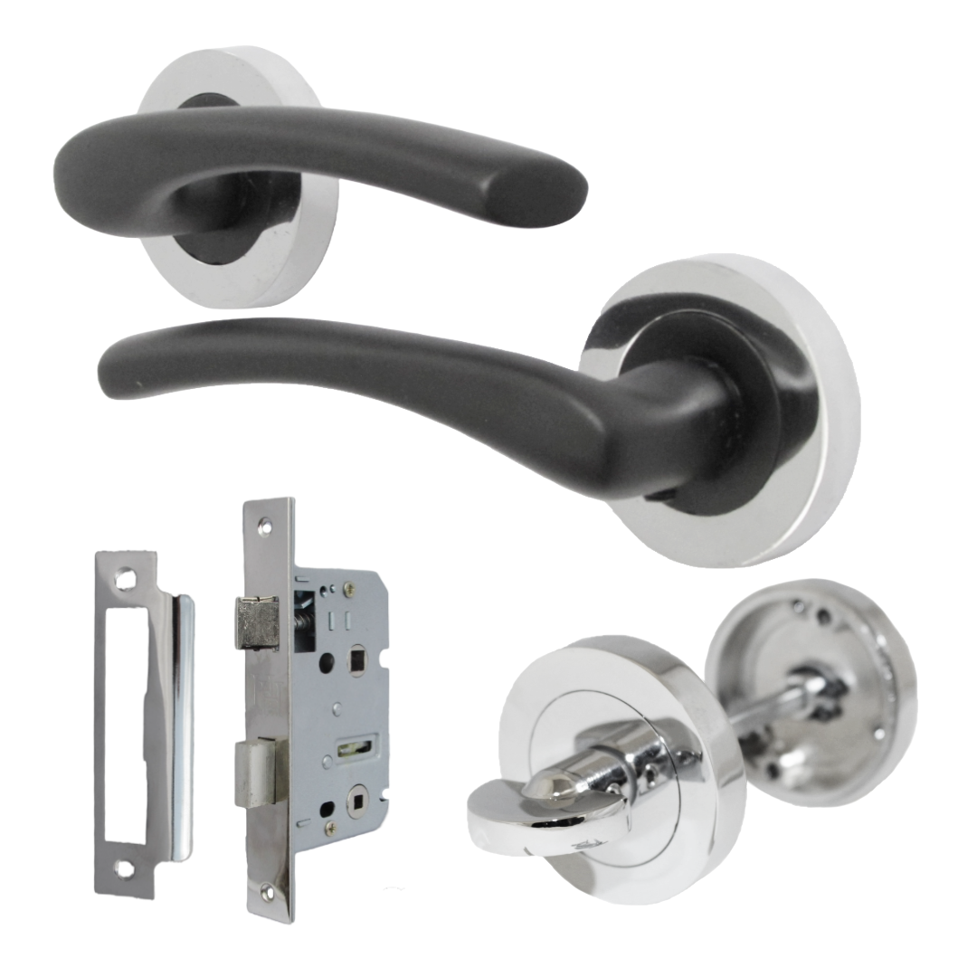 Poignée de porte Zena au design moderne, levier noir mat sur rosace chromée, poignées à loquet internes